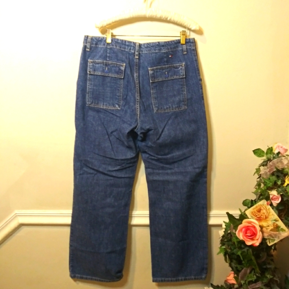 Vintage 2002 Tommy Hilfiger Wide Leg, High Waisted Medium Wash Cargo Jeans - Picture 4 of 10